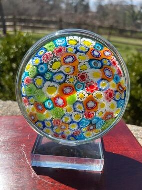 Colorful Millefiori Glass Art Paperweight on Stand